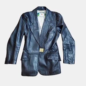 Moschino Womens Vintage Black Leather Jacket Pret A Porter 1990 Blazer SZ M